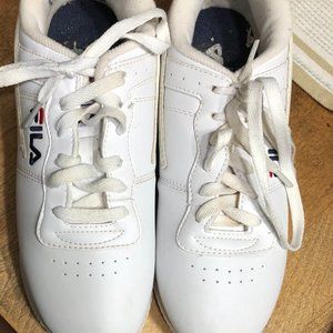 Red, Blue, And White Fila Shoes.